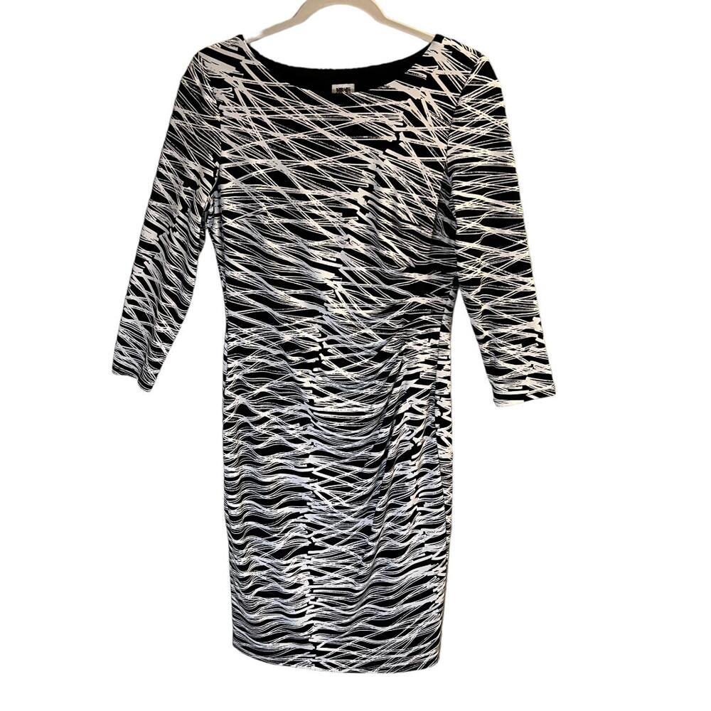 Anne Klein Ruched Midi Sheath Dress Half Sleeve Sz 6 Black White Pattern Office